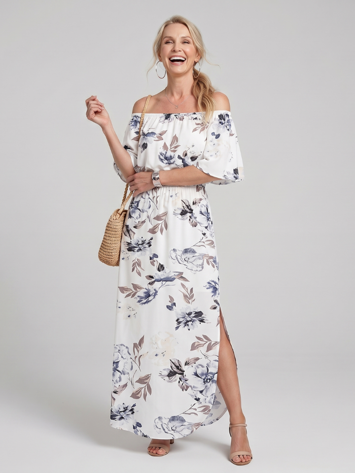 Elowira | Off Shoulder Soft Floral Print Midi Dress