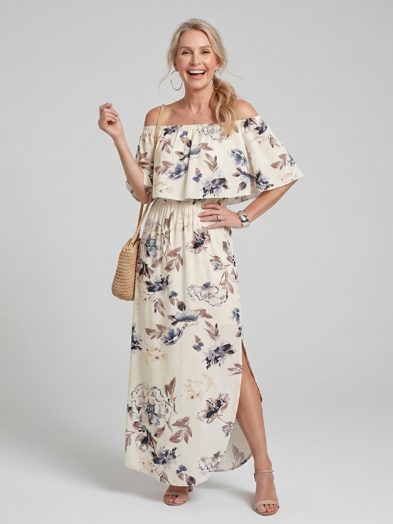 Elowira | Off Shoulder Soft Floral Print Midi Dress