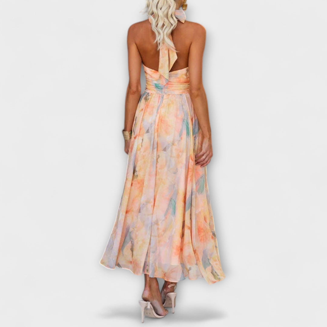 Halter-Neck | Watercolor Print Maxi Dress