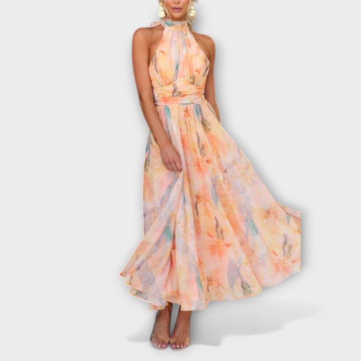 Halter-Neck | Watercolor Print Maxi Dress
